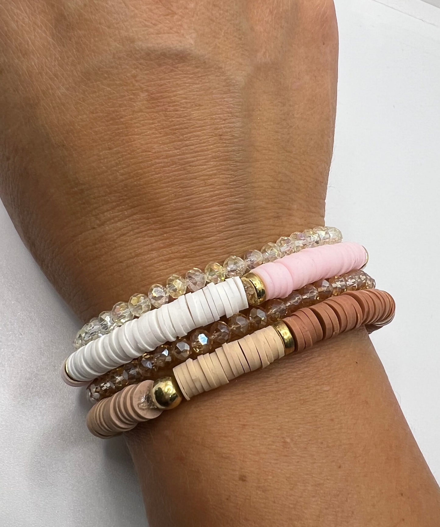 Tan and gold stretch heishi bracelet