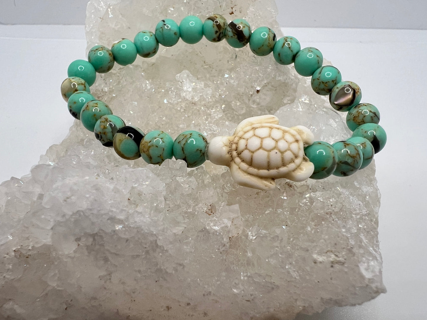 Stone Turtle and Turquoise Beaded Stretch Bracelet