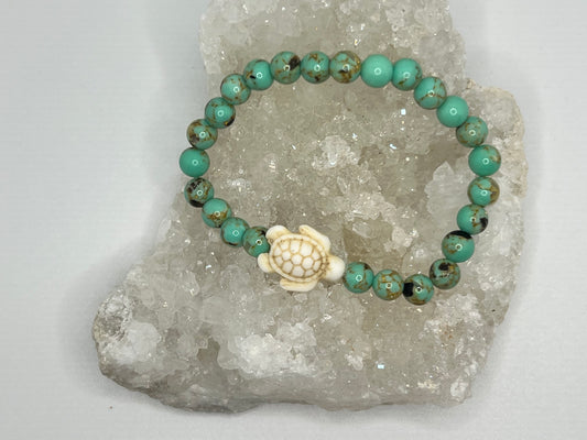 Stone Turtle and Turquoise Beaded Stretch Bracelet