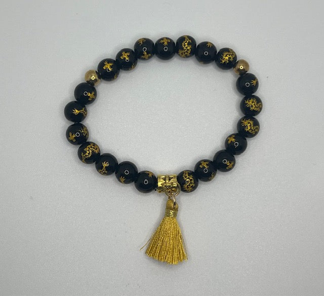 Gold and Black Dragon Beaded Stretch Bracelet