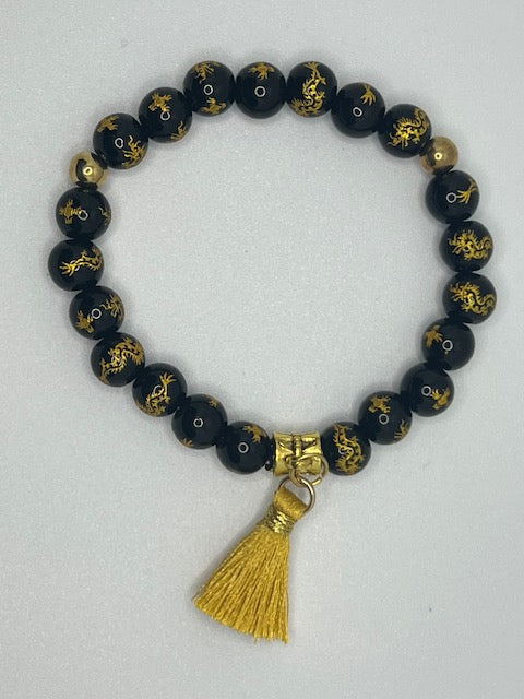 Gold and Black Dragon Beaded Stretch Bracelet