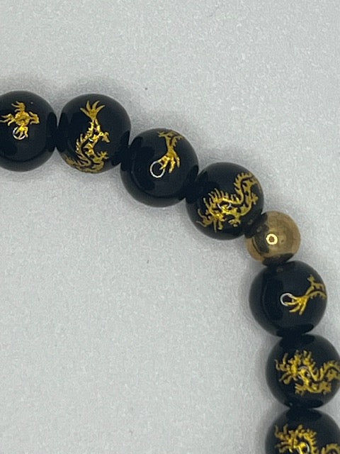 Gold and Black Dragon Beaded Stretch Bracelet